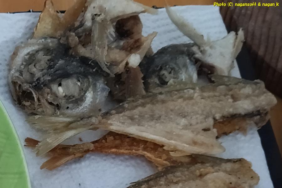 アジの骨せんべいは、3枚おろしした残りアラを材料にしている。昼食|泉佐野市「なが~ン」氏自宅。2024年04月12日撮影