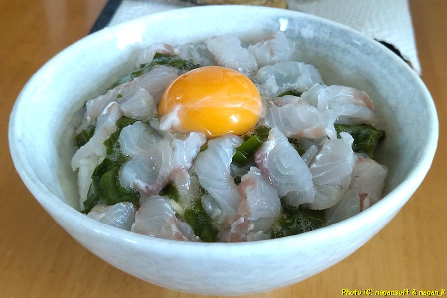 スズキとワカメ雌株のどんぶり。昼食|泉佐野市「なが~ン」氏自宅。2024年04月14日撮影
