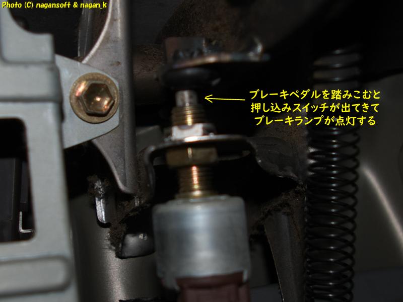 ブレーキペダルを押すと、ストップランプスイッチが飛び出してくるのを確認