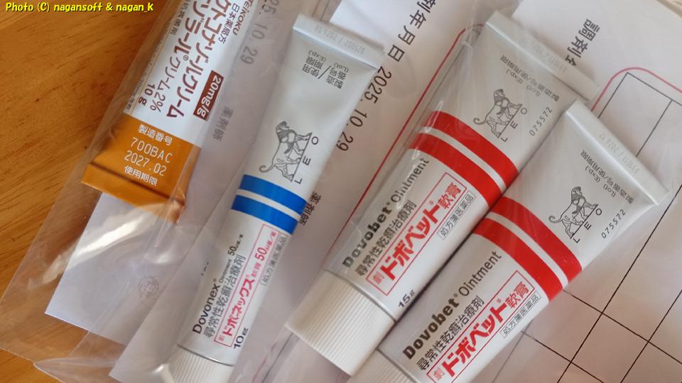 「なが～ンのごちゃごちゃ」ブログ、2025年11月13日記事の扉写真。ドボベット、ドボネックス、ニゾラールクリームが並んでいる。