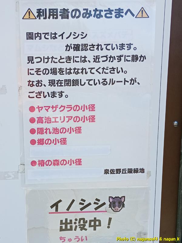 園内案内看板にて「ツバキの森の小径」が閉鎖していると告知されている、泉佐野丘陵緑地、2026年03月15日撮影
