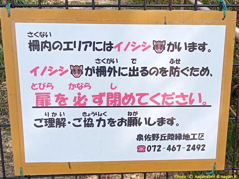 イノシシが一般公演に出ないように柵を閉めてね看板、泉佐野丘陵緑地、2026年03月15日撮影