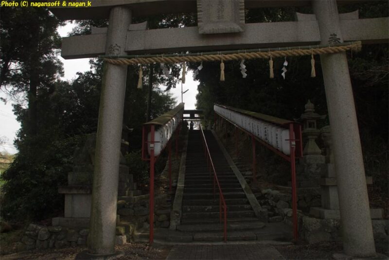 曇天の下、北側参道入り口の鳥居より、提灯に囲まれた暗がりの登り歓談を見上げる。｜意賀美神社｜大阪府泉佐野市上之郷｜2026年04月05日