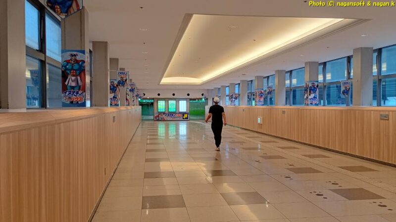 りんくうパピリオ内のイヌナキンハウスへ向かう通称「イヌナキン回廊」。側面に青色のイヌナキンポスターが沢山貼られている｜大阪府泉佐野市｜2026年05月31日撮影