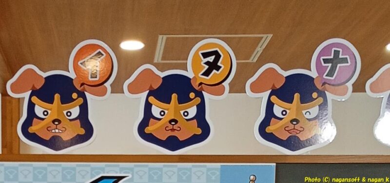 “りんくうパピリオ”の“イヌナキンハウス”内にて、“イ”、“ヌ”、“ナ”としゃべっている“イヌナキンの顔”大型イラストが貼られている｜大阪府泉佐野市｜2026年05月31日撮影