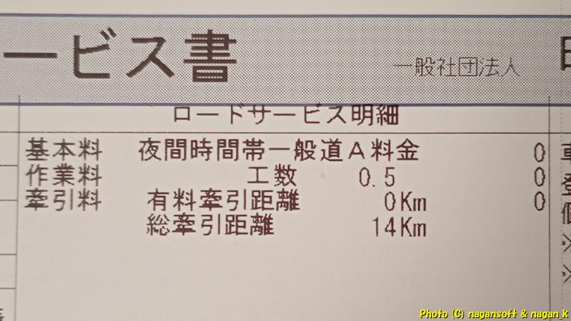 JAFロードサービス書に、ロードサービス明細、基本料、作業料、牽引料がと記されている｜JAF要請 積載車で運ばれる｜クラウンワゴン“E-GS130G”｜2026年06月12日撮影